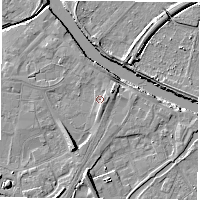 Shaded relief map of the ground around YO84AA, computed from Environment Agency LiDAR. The ground here sits at about 6 m above sea level and falls 11 m across the surrounding 800 m. Surface water reaching this point runs off ground lying to the south-south-west, 6.7 m higher.