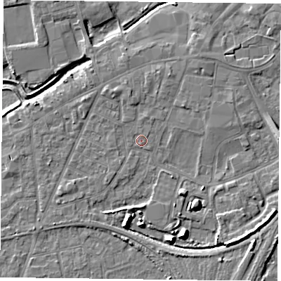 Shaded relief map of the ground around YO84AD, computed from Environment Agency LiDAR. The ground here sits at about 6 m above sea level and falls 9 m across the surrounding 800 m. Surface water reaching this point runs off ground lying to the north-north-west, 1.9 m higher.