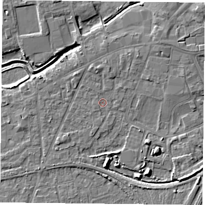 Shaded relief map of the ground around YO84AE, computed from Environment Agency LiDAR. The ground here sits at about 5 m above sea level and falls 9 m across the surrounding 800 m. Surface water reaching this point runs off ground lying to the north, 1.6 m higher.