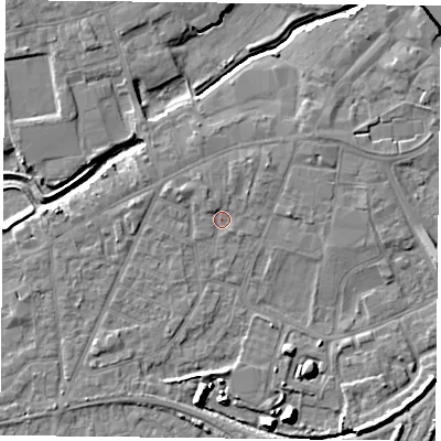 Shaded relief map of the ground around YO84AF, computed from Environment Agency LiDAR. The ground here sits at about 6 m above sea level and falls 10 m across the surrounding 800 m. Surface water reaching this point runs off ground lying to the north-north-west, 1.2 m higher.