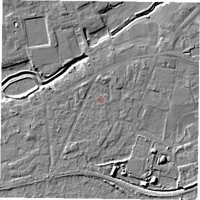 Shaded relief map of the ground around YO84AH, computed from Environment Agency LiDAR. The ground here sits at about 6 m above sea level and falls 9 m across the surrounding 800 m. Surface water reaching this point runs off ground lying to the west-north-west, 0.5 m higher.