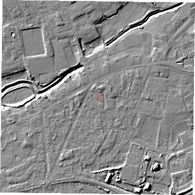 Shaded relief map of the ground around YO84AJ, computed from Environment Agency LiDAR. The ground here sits at about 6 m above sea level and falls 9 m across the surrounding 800 m. Surface water reaching this point runs off ground lying to the west-north-west, 0.6 m higher.