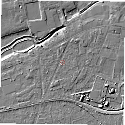 Shaded relief map of the ground around YO84AL, computed from Environment Agency LiDAR. The ground here sits at about 6 m above sea level and falls 9 m across the surrounding 800 m. Surface water reaching this point runs off ground lying to the north, 1.8 m higher.