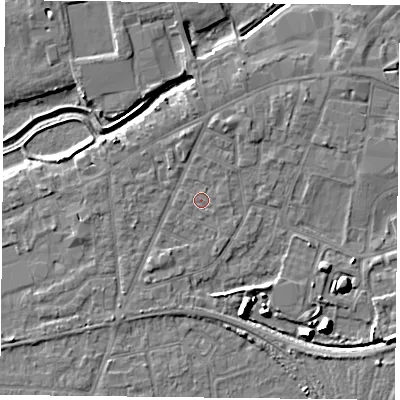 Shaded relief map of the ground around YO84AN, computed from Environment Agency LiDAR. The ground here sits at about 6 m above sea level and falls 9 m across the surrounding 800 m. The ground contributing surface water to this point lies to the south-east.