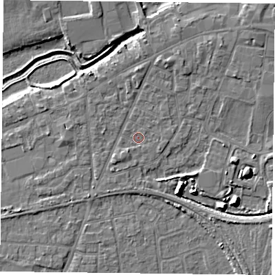Shaded relief map of the ground around YO84AP, computed from Environment Agency LiDAR. The ground here sits at about 5 m above sea level and falls 9 m across the surrounding 800 m. Surface water reaching this point runs off ground lying to the north, 1.8 m higher.