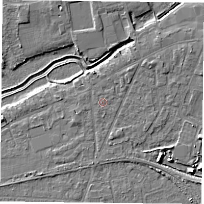Shaded relief map of the ground around YO84AQ, computed from Environment Agency LiDAR. The ground here sits at about 6 m above sea level and falls 9 m across the surrounding 800 m. The ground contributing surface water to this point lies to the north.