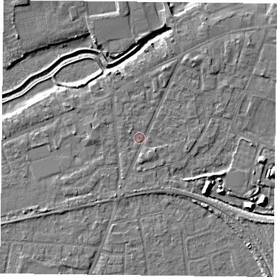 Shaded relief map of the ground around YO84AR, computed from Environment Agency LiDAR. The ground here sits at about 6 m above sea level and falls 9 m across the surrounding 800 m. Surface water reaching this point runs off ground lying to the south, 1.2 m higher.