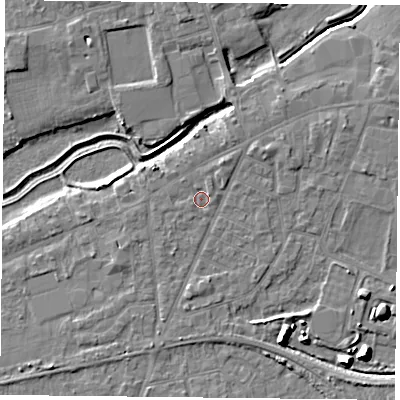 Shaded relief map of the ground around YO84AS, computed from Environment Agency LiDAR. The ground here sits at about 6 m above sea level and falls 9 m across the surrounding 800 m. Surface water reaching this point runs off ground lying to the north-north-east, 1.7 m higher.