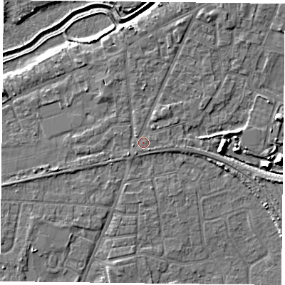 Shaded relief map of the ground around YO84AT, computed from Environment Agency LiDAR. The ground here sits at about 6 m above sea level and falls 9 m across the surrounding 800 m. Surface water reaching this point runs off ground lying to the south-east, 1.0 m higher.