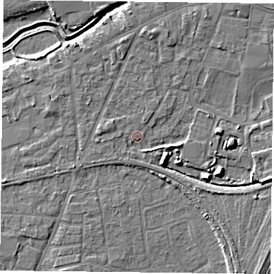 Shaded relief map of the ground around YO84AU, computed from Environment Agency LiDAR. The ground here sits at about 6 m above sea level and falls 9 m across the surrounding 800 m. Surface water reaching this point runs off ground lying to the south-east, 2.8 m higher.