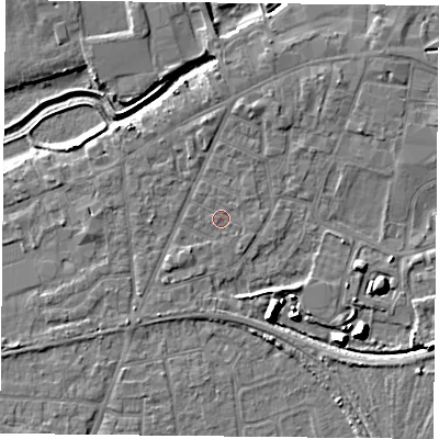 Shaded relief map of the ground around YO84AW, computed from Environment Agency LiDAR. The ground here sits at about 6 m above sea level and falls 9 m across the surrounding 800 m. Surface water reaching this point runs off ground lying to the north, 1.8 m higher.