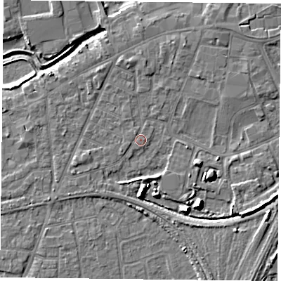 Shaded relief map of the ground around YO84AX, computed from Environment Agency LiDAR. The ground here sits at about 6 m above sea level and falls 9 m across the surrounding 800 m. Surface water reaching this point runs off ground lying to the north-west, 0.5 m higher.