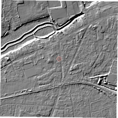 Shaded relief map of the ground around YO84AY, computed from Environment Agency LiDAR. The ground here sits at about 6 m above sea level and falls 8 m across the surrounding 800 m. Surface water reaching this point runs off ground lying to the north-north-west, 0.6 m higher.