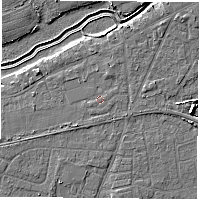 Shaded relief map of the ground around YO84AZ, computed from Environment Agency LiDAR. The ground here sits at about 6 m above sea level and falls 8 m across the surrounding 800 m. Surface water reaching this point runs off ground lying to the east-north-east, 0.6 m higher.