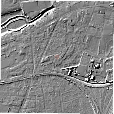 Shaded relief map of the ground around YO84BA, computed from Environment Agency LiDAR. The ground here sits at about 6 m above sea level and falls 9 m across the surrounding 800 m. Surface water reaching this point runs off ground lying to the north, 1.8 m higher.