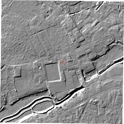 Shaded relief map of the ground around YO84BD, computed from Environment Agency LiDAR. The ground here sits at about 6 m above sea level and falls 5 m across the surrounding 800 m. Surface water reaching this point runs off ground lying to the north-west, 2.7 m higher.