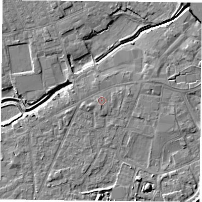 Shaded relief map of the ground around YO84BE, computed from Environment Agency LiDAR. The ground here sits at about 6 m above sea level and falls 9 m across the surrounding 800 m. Surface water reaching this point runs off ground lying to the south, 0.8 m higher.
