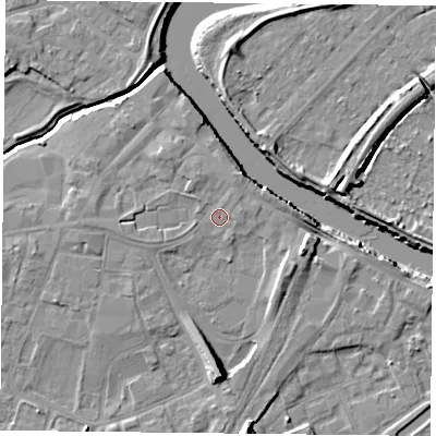Shaded relief map of the ground around YO84BF, computed from Environment Agency LiDAR. The ground here sits at about 6 m above sea level and falls 11 m across the surrounding 800 m. Surface water reaching this point runs off ground lying to the north-north-west, 1.3 m higher.