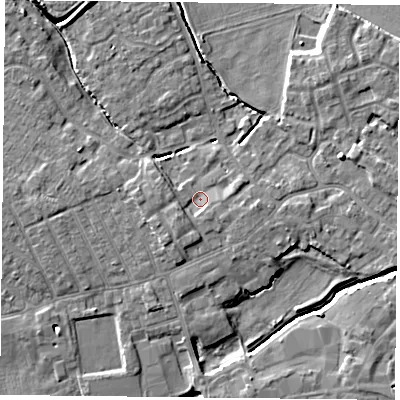 Shaded relief map of the ground around YO84BG, computed from Environment Agency LiDAR. The ground here sits at about 5 m above sea level and falls 7 m across the surrounding 800 m. Surface water reaching this point runs off ground lying to the south-west, 2.2 m higher.