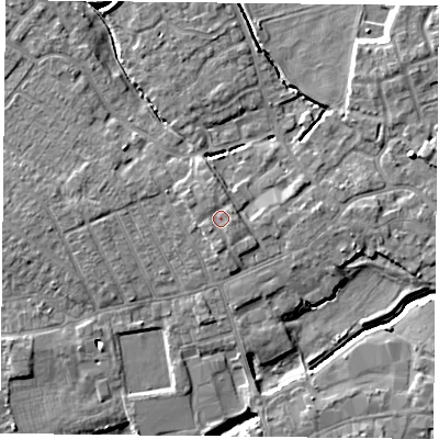Shaded relief map of the ground around YO84BH, computed from Environment Agency LiDAR. The ground here sits at about 7 m above sea level and falls 6 m across the surrounding 800 m. Surface water reaching this point runs off ground lying to the south, 1.0 m higher.