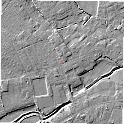 Shaded relief map of the ground around YO84BJ, computed from Environment Agency LiDAR. The ground here sits at about 6 m above sea level and falls 5 m across the surrounding 800 m. Surface water reaching this point runs off ground lying to the north, 1.6 m higher.