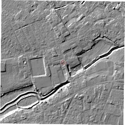 Shaded relief map of the ground around YO84BL, computed from Environment Agency LiDAR. The ground here sits at about 6 m above sea level and falls 5 m across the surrounding 800 m. Surface water reaching this point runs off ground lying to the north-west, 2.5 m higher.