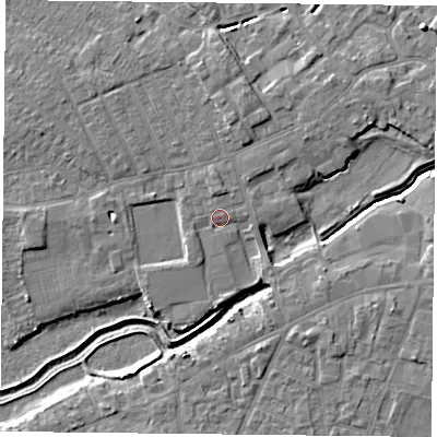 Shaded relief map of the ground around YO84BN, computed from Environment Agency LiDAR. The ground here sits at about 6 m above sea level and falls 5 m across the surrounding 800 m. Surface water reaching this point runs off ground lying to the north-north-west, 1.8 m higher.