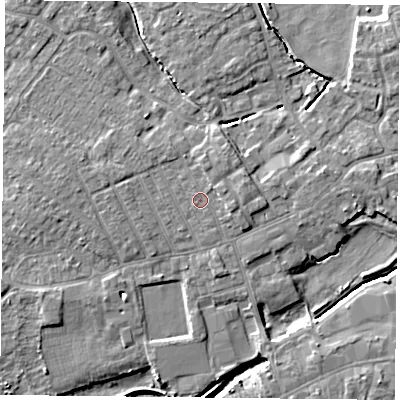 Shaded relief map of the ground around YO84BP, computed from Environment Agency LiDAR. The ground here sits at about 6 m above sea level and falls 5 m across the surrounding 800 m. Surface water reaching this point runs off ground lying to the north, 1.2 m higher.
