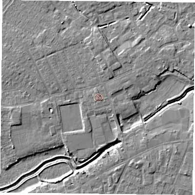 Shaded relief map of the ground around YO84BQ, computed from Environment Agency LiDAR. The ground here sits at about 6 m above sea level and falls 5 m across the surrounding 800 m. Surface water reaching this point runs off ground lying to the west-south-west, 0.8 m higher.