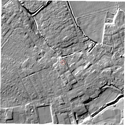 Shaded relief map of the ground around YO84BR, computed from Environment Agency LiDAR. The ground here sits at about 6 m above sea level and falls 7 m across the surrounding 800 m. Surface water reaching this point runs off ground lying to the south-west, 1.0 m higher.