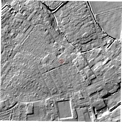 Shaded relief map of the ground around YO84BS, computed from Environment Agency LiDAR. The ground here sits at about 6 m above sea level and falls 7 m across the surrounding 800 m. The ground contributing surface water to this point lies to the north-west.