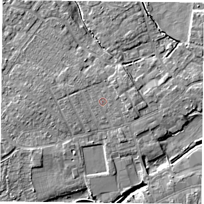Shaded relief map of the ground around YO84BT, computed from Environment Agency LiDAR. The ground here sits at about 6 m above sea level and falls 5 m across the surrounding 800 m. Surface water reaching this point runs off ground lying to the north-north-east, 1.2 m higher.