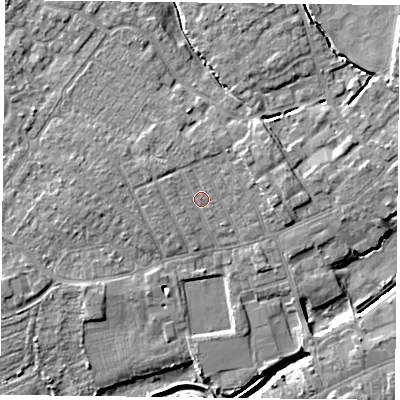 Shaded relief map of the ground around YO84BU, computed from Environment Agency LiDAR. The ground here sits at about 6 m above sea level and falls 5 m across the surrounding 800 m. Surface water reaching this point runs off ground lying to the north-west, 0.7 m higher.
