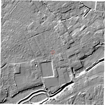 Shaded relief map of the ground around YO84BW, computed from Environment Agency LiDAR. The ground here sits at about 6 m above sea level and falls 5 m across the surrounding 800 m. Surface water reaching this point runs off ground lying to the north, 1.6 m higher.