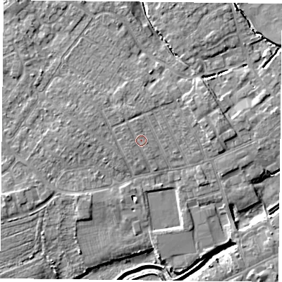 Shaded relief map of the ground around YO84BX, computed from Environment Agency LiDAR. The ground here sits at about 6 m above sea level and falls 5 m across the surrounding 800 m. Surface water reaching this point runs off ground lying to the north-west, 0.6 m higher.