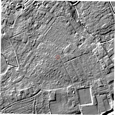 Shaded relief map of the ground around YO84BY, computed from Environment Agency LiDAR. The ground here sits at about 7 m above sea level and falls 6 m across the surrounding 800 m. Surface water reaching this point runs off ground lying to the south-west, 0.7 m higher.