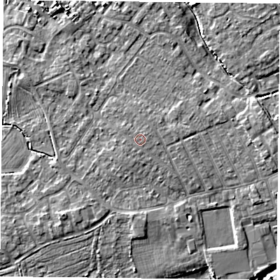 Shaded relief map of the ground around YO84BZ, computed from Environment Agency LiDAR. The ground here sits at about 7 m above sea level and falls 6 m across the surrounding 800 m. The ground contributing surface water to this point lies to the east-south-east.