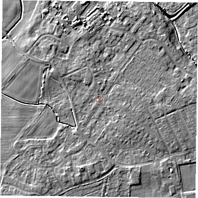 Shaded relief map of the ground around YO84DA, computed from Environment Agency LiDAR. The ground here sits at about 6 m above sea level and falls 7 m across the surrounding 800 m. Surface water reaching this point runs off ground lying to the east-south-east, 1.3 m higher.