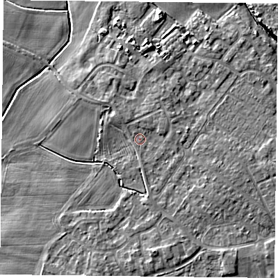 Shaded relief map of the ground around YO84DB, computed from Environment Agency LiDAR. The ground here sits at about 6 m above sea level and falls 7 m across the surrounding 800 m. Surface water reaching this point runs off ground lying to the north-east, 1.5 m higher.