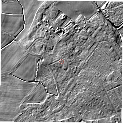 Shaded relief map of the ground around YO84DD, computed from Environment Agency LiDAR. The ground here sits at about 7 m above sea level and falls 7 m across the surrounding 800 m. Surface water reaching this point runs off ground lying to the east-north-east, 0.5 m higher.