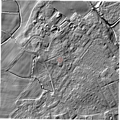 Shaded relief map of the ground around YO84DE, computed from Environment Agency LiDAR. The ground here sits at about 7 m above sea level and falls 7 m across the surrounding 800 m. The ground contributing surface water to this point lies to the north.