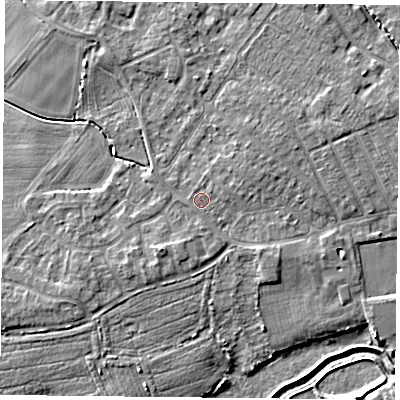 Shaded relief map of the ground around YO84DF, computed from Environment Agency LiDAR. The ground here sits at about 6 m above sea level and falls 5 m across the surrounding 800 m. Surface water reaching this point runs off ground lying to the east-north-east, 0.6 m higher.