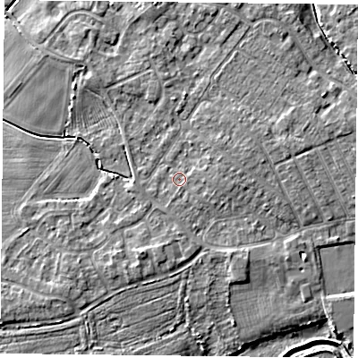 Shaded relief map of the ground around YO84DG, computed from Environment Agency LiDAR. The ground here sits at about 6 m above sea level and falls 5 m across the surrounding 800 m. Surface water reaching this point runs off ground lying to the east, 1.2 m higher.