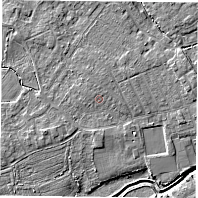 Shaded relief map of the ground around YO84DH, computed from Environment Agency LiDAR. The ground here sits at about 6 m above sea level and falls 5 m across the surrounding 800 m. Surface water reaching this point runs off ground lying to the north-east, 0.9 m higher.