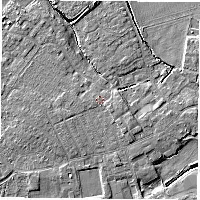 Shaded relief map of the ground around YO84DJ, computed from Environment Agency LiDAR. The ground here sits at about 6 m above sea level and falls 7 m across the surrounding 800 m. Surface water reaching this point runs off ground lying to the north-north-west, 0.7 m higher.