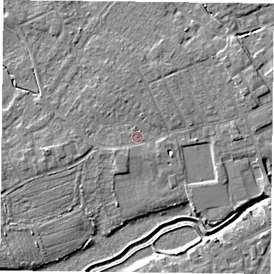 Shaded relief map of the ground around YO84DL, computed from Environment Agency LiDAR. The ground here sits at about 6 m above sea level and falls 5 m across the surrounding 800 m. Surface water reaching this point runs off ground lying to the south-south-west, 1.2 m higher.