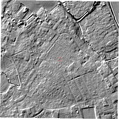 Shaded relief map of the ground around YO84DP, computed from Environment Agency LiDAR. The ground here sits at about 6 m above sea level and falls 7 m across the surrounding 800 m. Surface water reaching this point runs off ground lying to the south-south-east, 1.2 m higher.