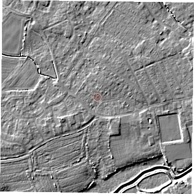 Shaded relief map of the ground around YO84DQ, computed from Environment Agency LiDAR. The ground here sits at about 6 m above sea level and falls 5 m across the surrounding 800 m. Surface water reaching this point runs off ground lying to the south-west, 1.0 m higher.