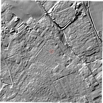 Shaded relief map of the ground around YO84DR, computed from Environment Agency LiDAR. The ground here sits at about 6 m above sea level and falls 7 m across the surrounding 800 m. The ground contributing surface water to this point lies to the north-east.