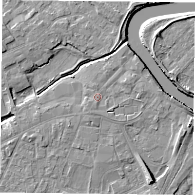 Shaded relief map of the ground around YO84DS, computed from Environment Agency LiDAR. The ground here sits at about 7 m above sea level and falls 10 m across the surrounding 800 m. Surface water reaching this point runs off ground lying to the south, 1.2 m higher.